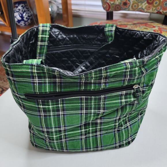 Fashion Express Quilted Reversible Faux Black Leather & Green Plaid Strap Tote - Picture 6 of 6